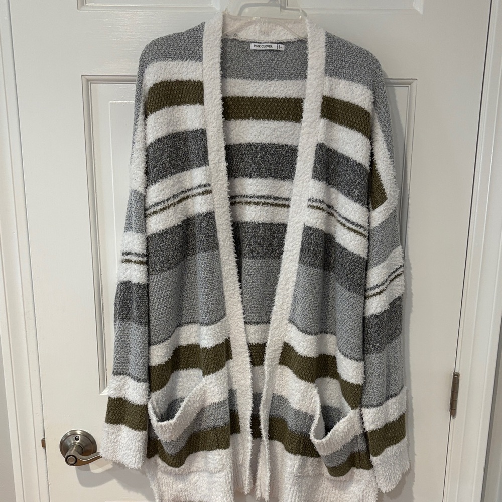 🎈5 for $15🎈Pink Clover Cozy Striped Open Cardigan - Gray, White & Olive